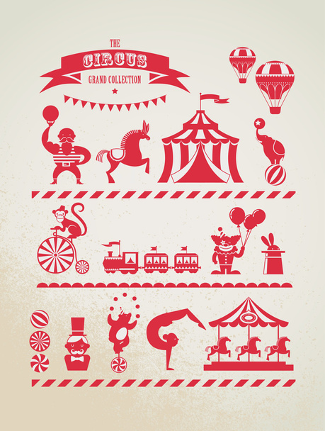 Винтажная огромная коллекция цирка с карнавалом, ярмарка развлечений, векторные иконки и фон
 - Вектор,изображение