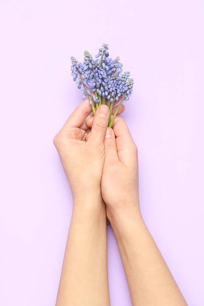 Manos femeninas sosteniendo hermosas flores de Muscari sobre fondo lila - Foto, Imagen