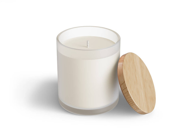 Minimalist κερί mockup, παγωμένος γυάλινο βάζο κερί με ξύλινο καπάκι ανοιχτό σχεδιασμό έτοιμο 3D καθιστούν πρότυπο απομονωμένο σε λευκό φόντο - Φωτογραφία, εικόνα