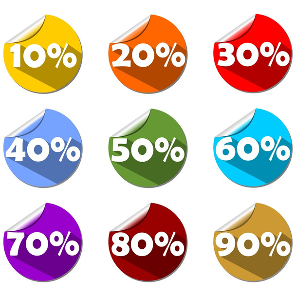 Um conjunto de etiqueta percentual no círculo de papel laminado em cores diferentes. Para uso em loja, mercado ou apresentação. Design plano moderno
 - Vetor, Imagem
