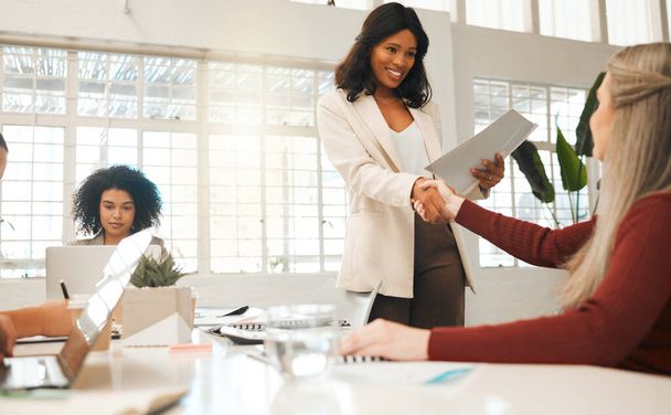 Two businesswomen greeting with a handshake. Leading businesswoman shaking hands with a staff member. African american businesswoman handshake with colleague.Staff members in an interview. - Фото, изображение