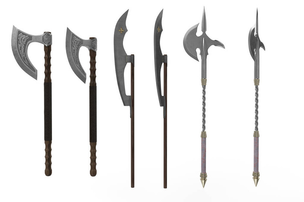 Collection of fantasy medieval axe weapons. 3D illustration isolated. - Foto, afbeelding