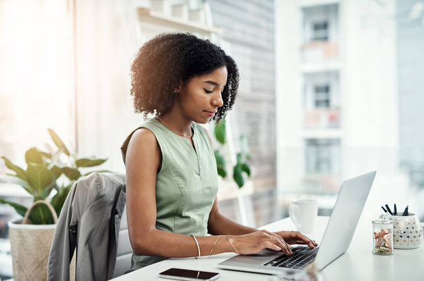 Business, typing and black woman with a laptop, connection and search internet for website details, information and focus. Female person, entrepreneur and employee with a pc, technology and email. - Zdjęcie, obraz