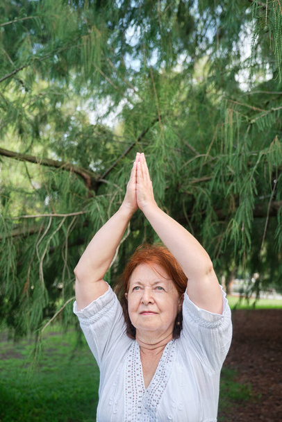 Femme hispanique senior en vêtements blancs pratiquant le yoga à l'extérieur dans un parc. Vrksasana pose debout. Concepts : bien-être, vitalité, mode de vie actif et sain. - Photo, image