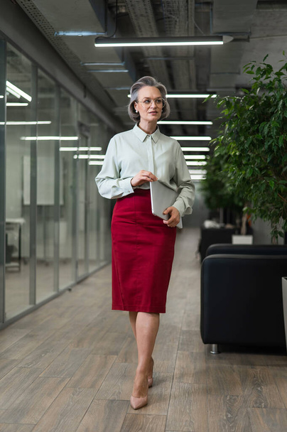 Attractive mature caucasian woman holding laptop while standing in office - Фото, зображення