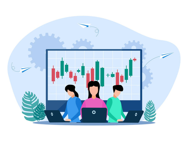 Stock trading or stock broker. Team working on laptop with stock graph vector - Vector, Image