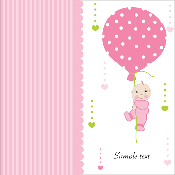 Hold the balloon baby girl arrival greeting card vector - Вектор,изображение