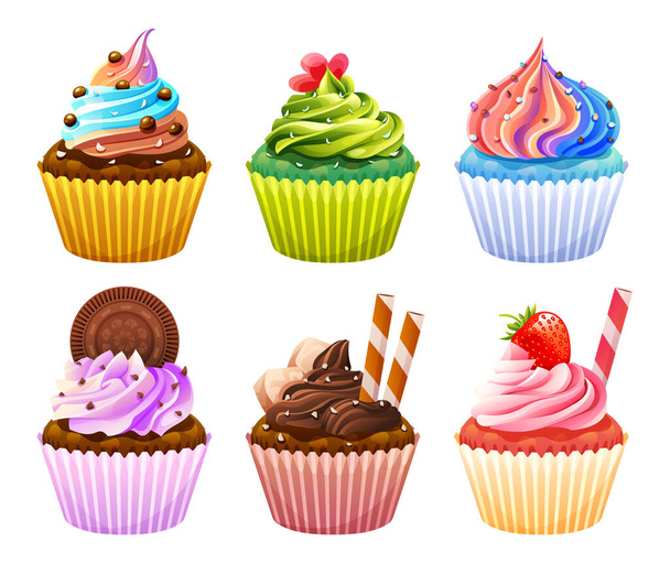 Set of delicious cupcakes cartoon illustration - Vector, Image