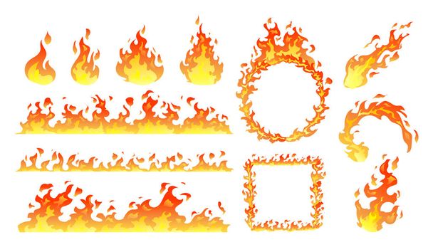 Collection of fire flames, burning bonfire, fireball, heat wildfire, burning effect cartoon illustration - Vektor, obrázek
