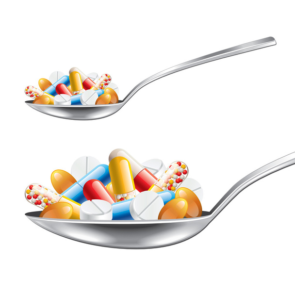 Spoon with medicines isolated on white vector - Vector, Image