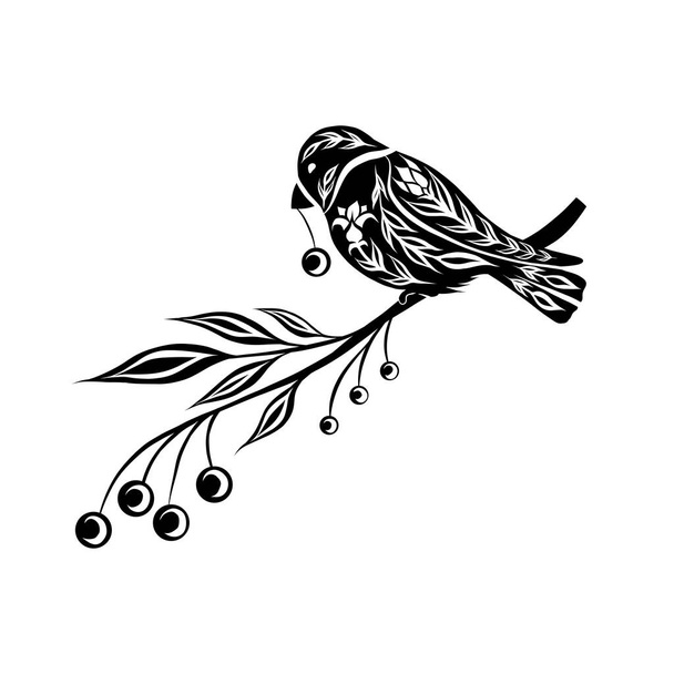 Vettore nero illustrazione decorativa uccelli e bacche di sorbo su rami isolati da sfondo. Monocromatico tracery clipart con bullfinches sul ramo. Immagine di arte popolare per carte e adesivi - Vettoriali, immagini