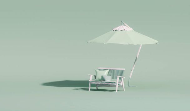 Parapluie avec chaises et accessoires de plage, flamant rose gonflable sur fond vert pastel. Concept de voyage vacances d'été. Rendez-vous 3D tendance pour les bannières de médias sociaux, la promotion. ambiance estivale - Photo, image