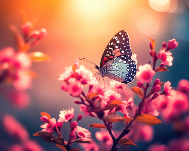 Nature background with flowers and butterfly in spring morning - Photo, Image