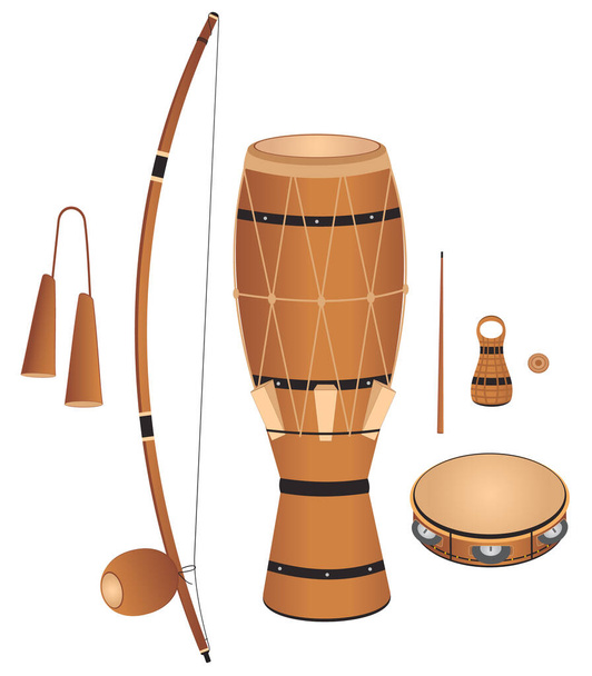 Capoeira Instruments - berimbau, caxixi, agogo, percussion instruments - Вектор,изображение