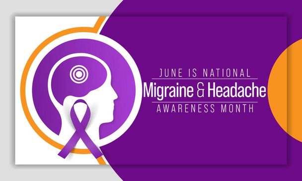 Migräne und Kopfschmerzen werden jedes Jahr im Juni beobachtet. Es handelt sich in der Regel um mittelschwere oder starke Kopfschmerzen, die als pochende Schmerzen auf einer Seite des Kopfes empfunden werden. Vektorillustration - Vektor, Bild