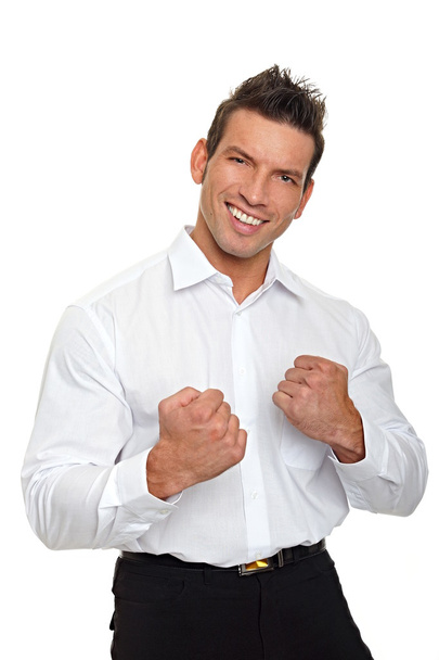 Happy man in white shirt celebrating success - Foto, Imagem