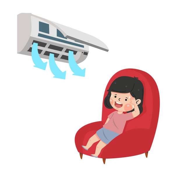 Tired little girl in hot weather with air conditioner - Vector, imagen