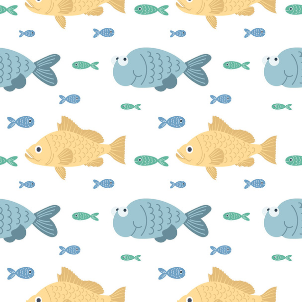 Nahtloses Muster mit niedlichen Kawaii-Fischen aus Cartoon auf weißem Hintergrund. Kinderdruck, Textil, Vektor - Vektor, Bild