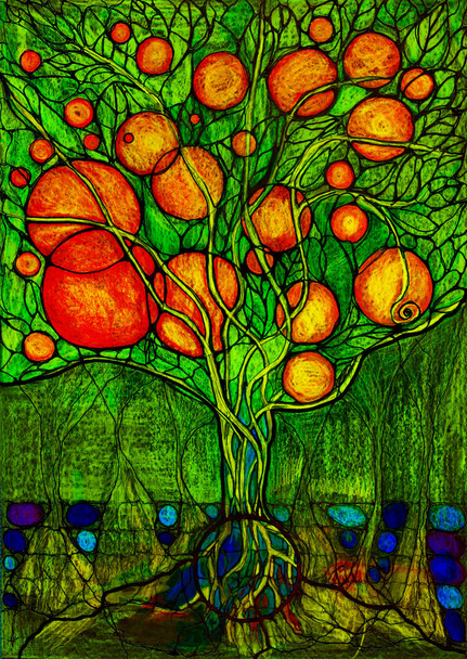 Árbol verde neurográfico de la vida con naranjas y muchas raíces. La técnica de frotamiento cerca de los bordes da un efecto de enfoque suave debido a la rugosidad superficial alterada del papel. - Foto, imagen