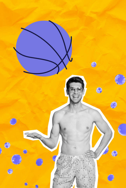 Vertical 3d painting collage funny dude sportsman throw up basketball ball violet bubbles ocean sea pool yellow background. - Foto, Bild