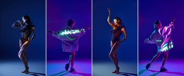 Collage with stylish tender woman in different clothes style wearing sheer black bodysuit and trendy shirt on violet background in neon light. Concept of emotions, digital art, fashion, futurism, art - Foto, imagen