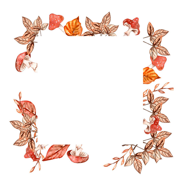 Watercolor hand drawn autumn square frame. Illustration of autumn. Perfect for scrapbooking, kids design, wedding invitation, posters, greetings cards, party decoration. - Photo, Image