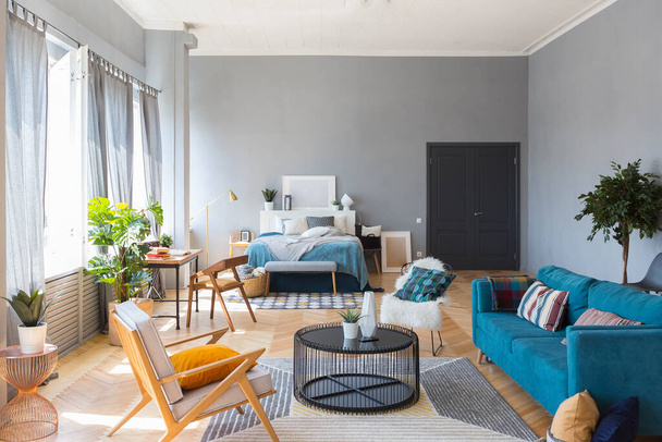 elegant creative modern trendy interior of a spacious open plan Scandinavian style studio with seating and sleeping areas - Foto, afbeelding