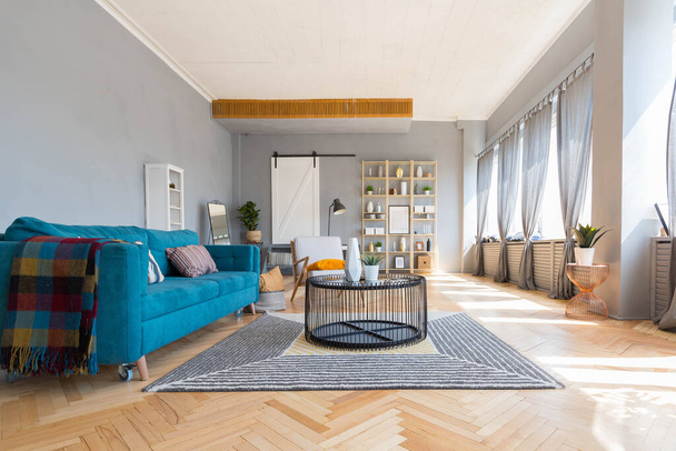 elegant creative modern trendy interior of a spacious open plan Scandinavian style studio with seating and sleeping areas - Zdjęcie, obraz