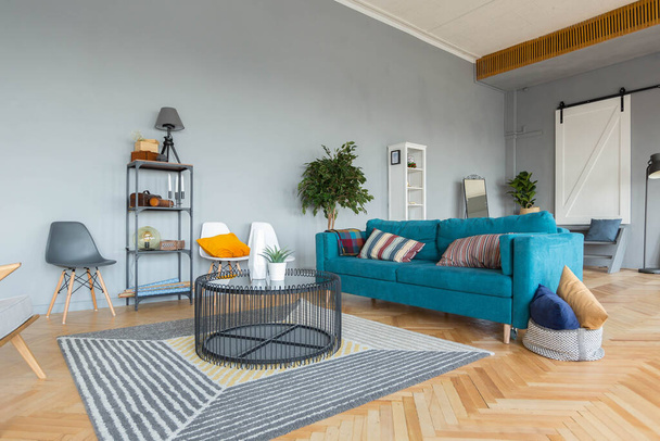 elegant creative modern trendy interior of a spacious open plan Scandinavian style studio with seating and sleeping areas - Fotoğraf, Görsel