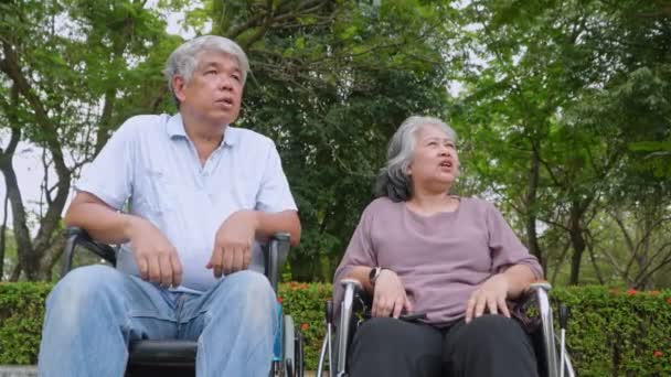 Happy Asian senior couple sitting in wheelchair and old woman holding husband hands and talking together and relaxing outdoors in the park, Leisure activities of retirees, elderly health care concept. - Footage, Video