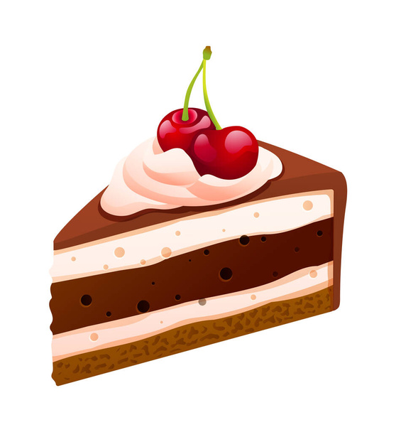 Slice of black forest cake vector isolated on white background. Slice cake cartoon illustration - Διάνυσμα, εικόνα