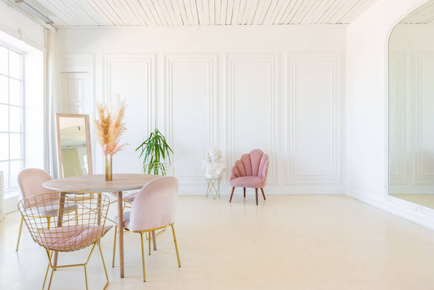 delicate and cozy light interior of the living room with modern stylish furniture of pastel pink color and white walls with stucco moldings in daylight - Photo, image