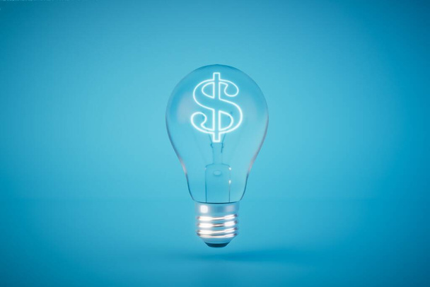Ideeën voor inkomsten genereren. Een gloeilamp binnenin die een dollarpictogram op een blauwe achtergrond is. 3D-weergave. - Foto, afbeelding
