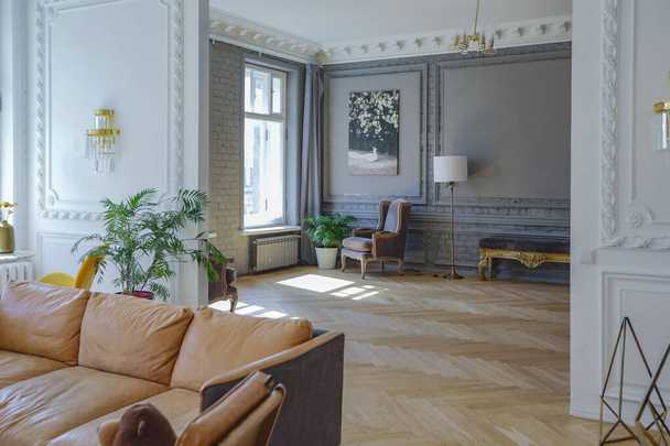 luxury interior of a spacious apartment in an old 19th century historical house with modern furniture. high ceiling and walls are decorated with stucco - Photo, Image