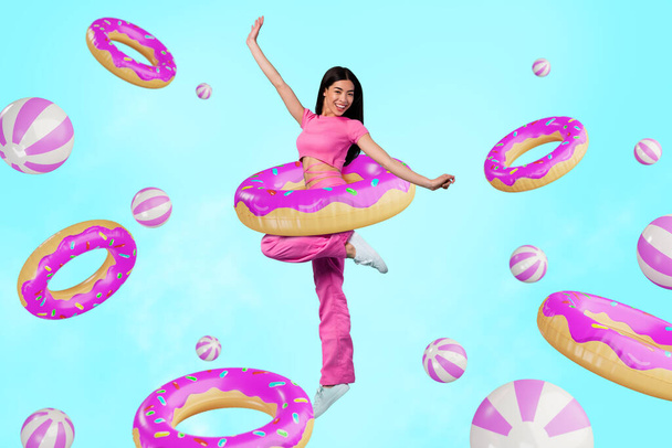 3d creative pop template collage of happy lady dream swimming with rubber circle on holiday pool resort. - Foto, imagen