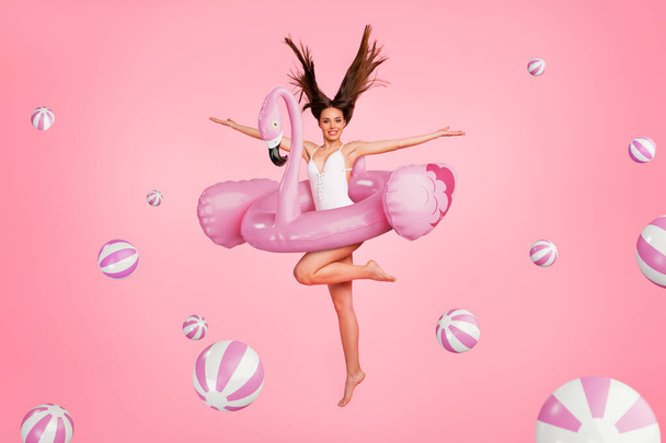 Web poster banner collage of young lady promoter levitating showing pink copyspace offer resort hotel adverts for summer relax. - Photo, Image