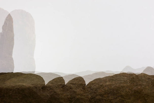 Kaksinkertainen altistuminen Rocks tuotteen näyttö, Näytetään lähellä yksityiskohtaisesti Brown Stone Ledges valkoisella taustalla. - Valokuva, kuva