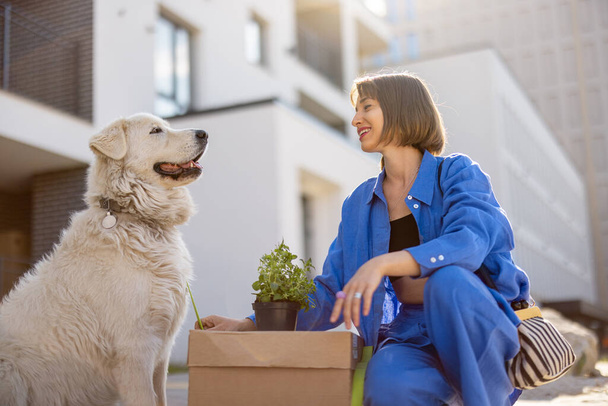 Woman cares her dog while sitting with cardboard box and flowerpot, relocating to a new house. Apartment building on background. - Фото, изображение