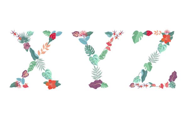 Gyűjtemény 3 betű virágos ábécével - x, y, z. Tavaszi és nyári ábécé virágokkal és levelekkel díszítve. Kézzel rajzolt trópusi vektor illusztráció - Vektor, kép