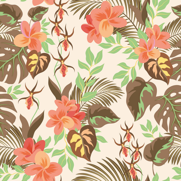 Floral seamless pattern with tropical leaves. Palm leaf, orchid, plumeria flowers. Vector illustration - Вектор, зображення