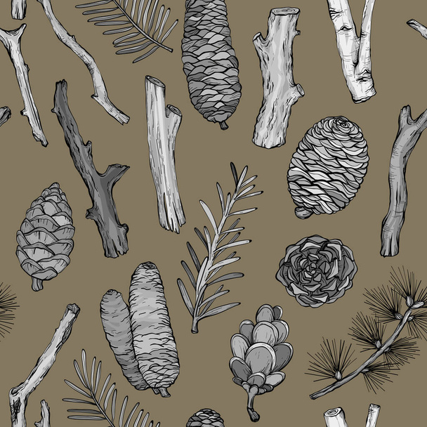 Seamless pattern with pine cones, forest twigs and sticks. Vector illustration - Вектор, зображення