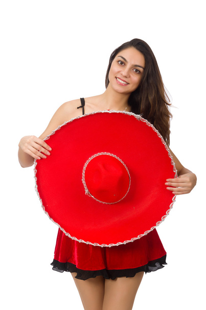 Γυναίκα που φοράει κόκκινο σομπρέρο απομονωμένη σε λευκό - Φωτογραφία, εικόνα