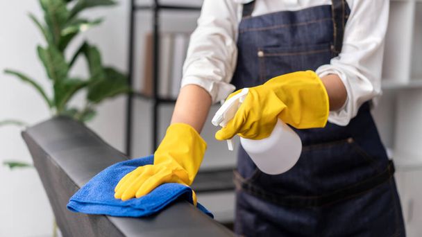 Önlüklü ev hanımı, kanepeye sprey sıkmak için eldiven giyiyor ve evde çalışırken temizlik yaparken temizlik yapmak için mikrofiber kumaş kullanıyor.. - Fotoğraf, Görsel