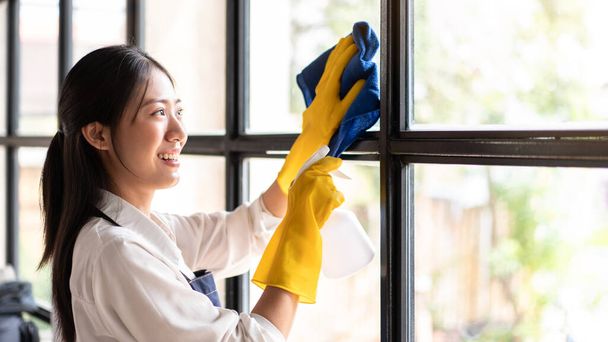 Ama de casa en delantal con guantes para rociar aerosol de higiene en el espejo y usar tela de microfibra para limpiar el polvo mientras trabaja y limpia muebles en la casa. - Foto, Imagen