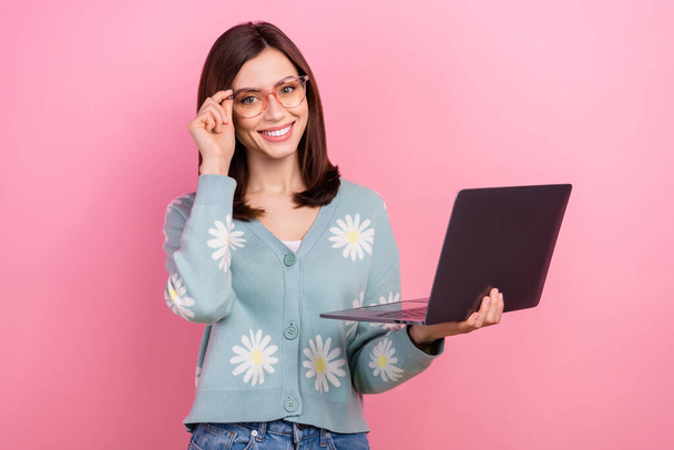 Photo of successful toothy smile young woman brown hair touch eyeglasses hold laptop samsung ceo company isolated on pink color background. - Valokuva, kuva