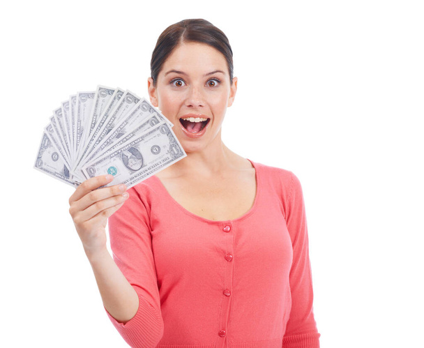 Wow, cash and finance with portrait of woman for investment, success and growth. Money, dollar and wow with face of girl customer isolated on white background for financial, deal and promotion. - Foto, Imagem