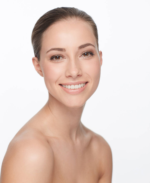 Portrait, smile and woman with beauty, dermatology and self care isolated against a white studio background. Face, female person and model with happiness, grooming and wellness with salon treatment. - Fotoğraf, Görsel