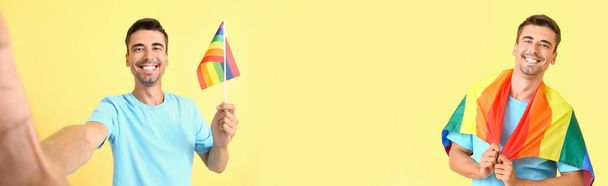 Banner with young men holding LGBT flags on yellow background - Photo, Image