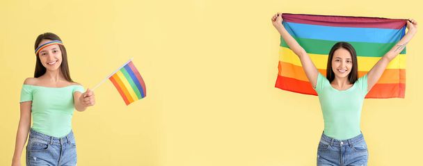 Banner με νεαρές γυναίκες που κρατούν σημαίες ΛΟΑΤ σε κίτρινο φόντο - Φωτογραφία, εικόνα