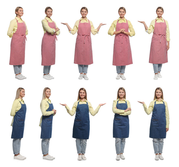 Collage with photos of woman in aprons on white background - Φωτογραφία, εικόνα